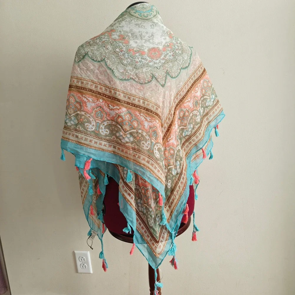 Spun by Subtle Luxury Teal Salmon Pink Paisley Tassel Square Scarf Bohemian